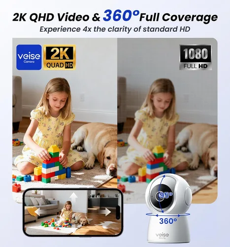 Miniatura 2 de Veise Cámara interior 2K para seguridad del hogar, monitor inalámbrico de 360° para mascotas y bebés con aplicación de teléfono, detección