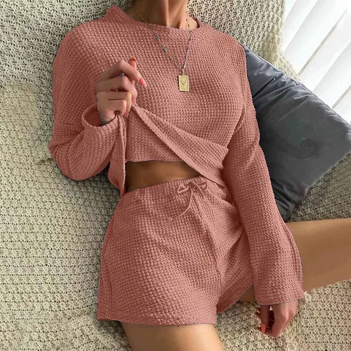 Miniatura 2 de lcziwo Womens Leisure Waffle Suit Sets Summer Relaxed Long Sleeve Crewneck Top Loose Drawstring Shorts Home Wear