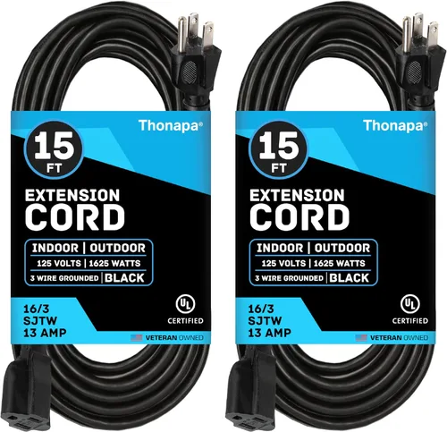 Miniatura 12 de Thonapa Cable de Extensión para Exteriores de 13 Amperios de 6 pies, SJTW 16/3 de 6 pies, Cable de Extensión Negro de 3 Clavijas, Cable