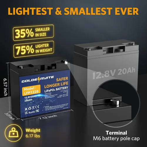 Miniatura 3 de GOLDENMATE Batería LiFePO4 de 12 V 20 Ah (2 paquetes), batería de litio de 12 V con más de 5000 ciclos profundos, BMS integrado y celdas de batería
