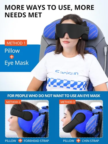 Miniatura 2 de SARISUN Almohadas de viaje para aviones con máscara de ojos para dormir, correa de barbilla, almohada de avión para vuelos largos, viaje por Azul