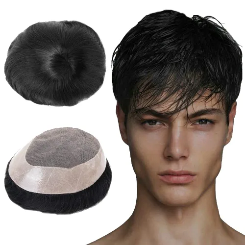 Lordhair Sistema de cabello para hombres cabello humano real sistema de cabello para hombre fino mono con base de PU para hombre tupé negro 1B # 6 *