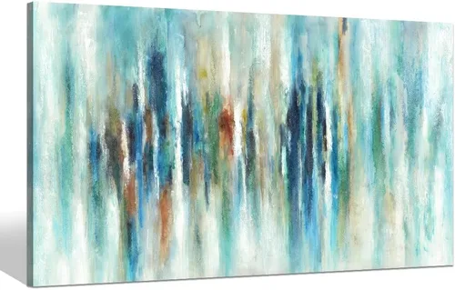Lienzo abstracto verde azulado para pared: pintura al óleo moderna pintada a mano, gran impresión con textura pesada, imagen contemporánea de