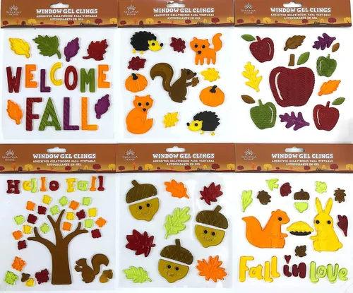 Pegatinas de gel de otoño para ventanas y espejos, 6 hojas de diseños reutilizables de temporada: criaturas del bosque, follaje, calabazas y mucho