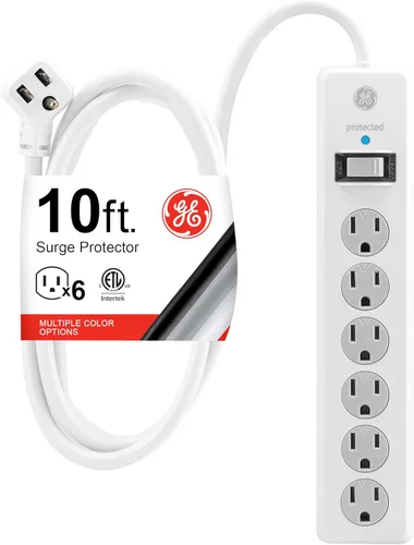 Miniatura 7 de GE Regleta de enchufes con protector contra sobretensiones, cable de extensión de 20 pies, extensor de 6 tomas, 800 joules, clavija plana, cubiertas