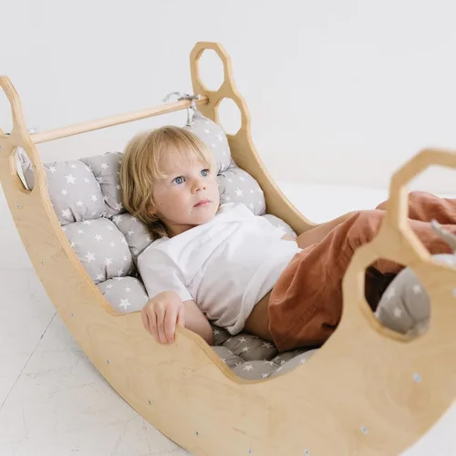 Miniatura 7 de WOOD&ROOM Montessori - Balancín de arco con cojín, escalador de arco de madera para niños pequeños, para interiores y niños, grande, gris, edades