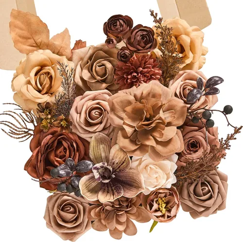 Miniatura 19 de Serwalin Flores de seda, flores artificiales burdeos para decoración de boda, rosas falsas rosas rosas y rojas con tallos y caja de vegetación, A