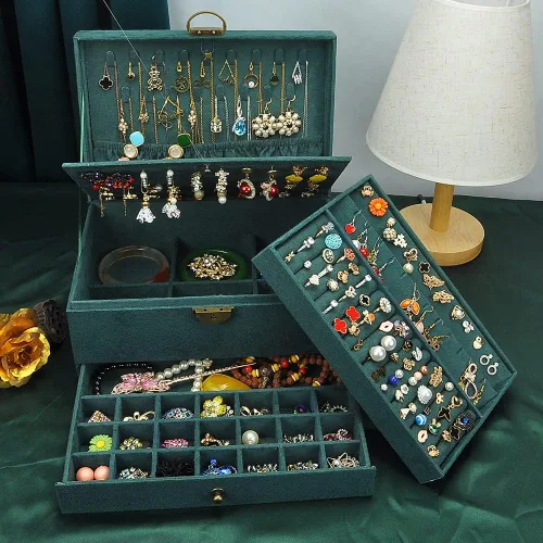 Miniatura 3 de GYJOYERO Joyero organizador de aretes de joyería para mujeres y niñas, 4 capas con cajones, collares, anillos, relojes, vitrina, almacenamiento