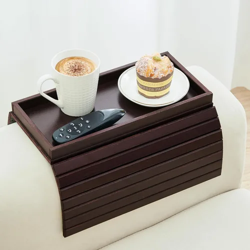 Miniatura 12 de GEHE Bandeja de madera de acacia para sofá, mesa auxiliar plegable para el brazo del sofá, mesa auxiliar con reposabrazos anticaídas, soporte