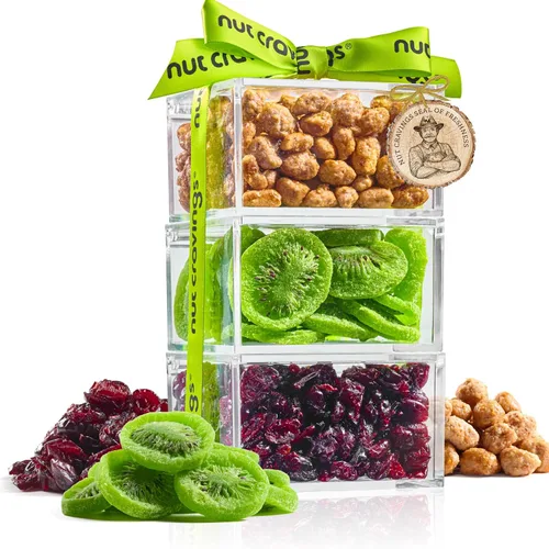Miniatura 14 de NUT CRAVINGS - Cesta de regalo de frutas secas y nueces mixtas, torre roja + cinta de corazón (12 surtidos), arreglo de alimentos, paquete