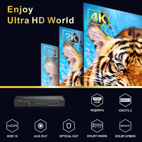 Miniatura 4 de 5 en 1 salida 4K @60Hz HDMI Switch Extractor de audio con óptico y salida de 0.138 in, divisor de audio HDMI 2.0 compatible con HDR 10, HDCP 2.2