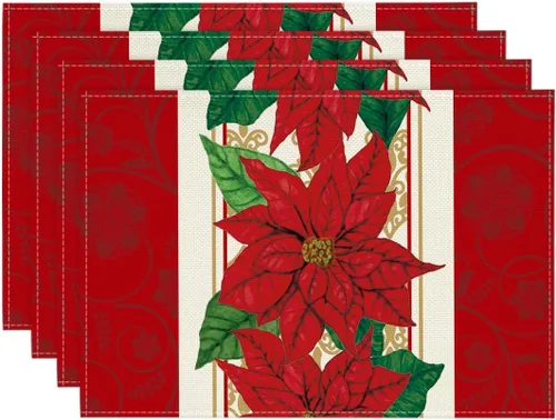 Miniatura 11 de Artoid Mode Juego de 4 manteles individuales redondos de Navidad con acuarela de Poinsettia roja, 15 pulgadas, alfombrillas de mesa redondas