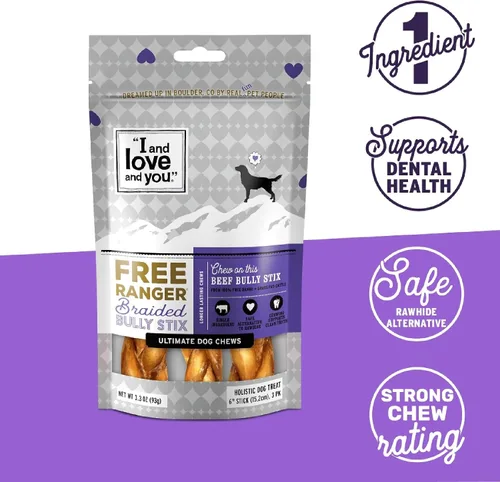 Miniatura 3 de I AND LOVE AND YOU Free Ranger Bully Stix Trenzados - Carne de Res - Alternativa al cuero crudo, un solo ingrediente, carne de res de pastoreo libre