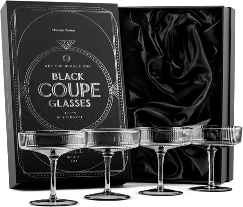 GLASSIQUE CADEAU Vasos vintage Art Deco color negro ahumado | Juego de 4 | Cristalería de cóctel acanalada de 7 onzas para beber champán, martini,
