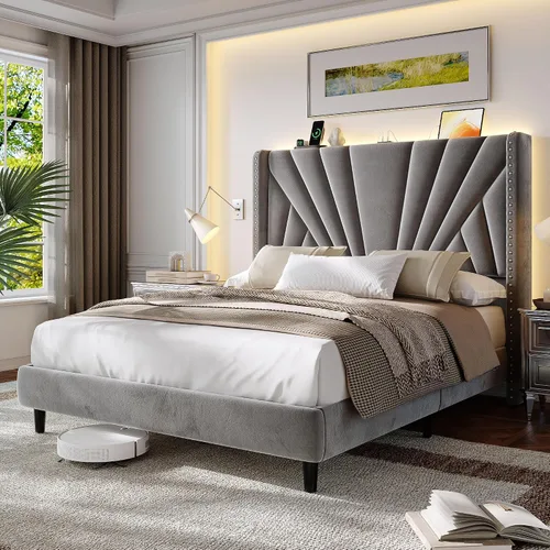 Miniatura 13 de EnHomee Marco de Cama Queen con Cabecera Alta de 51" Wingback, Cama Plataforma Tapizada en Terciopelo con Estación de Carga y Luces LED, No Necesita