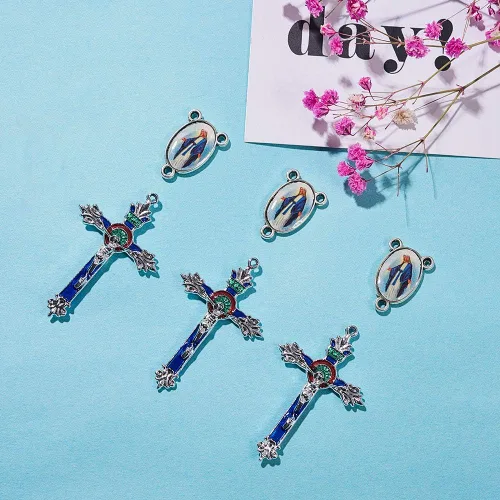 Miniatura 4 de SUNNYCLUE 1 caja de 20 piezas de cruz y centro de rosario tibetano de Pascua con colgantes de cruz de aleación y eslabones de araña ovalados