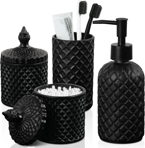 RYTOXILO Juego de accesorios de baño negro mate, paquete de 4 juegos de accesorios de baño negros, dispensador de jabón de vidrio de diamante y