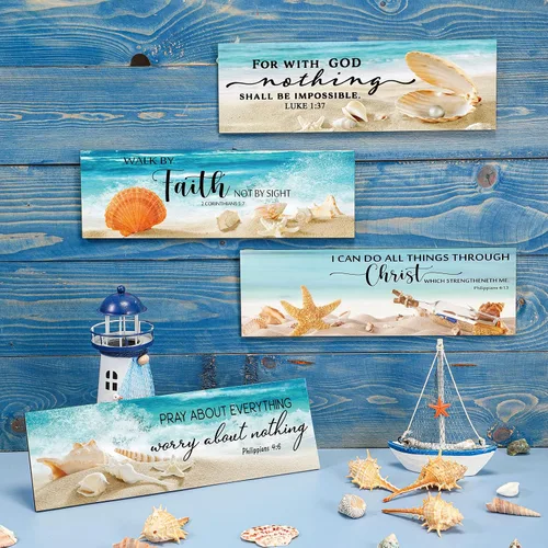 Miniatura 4 de Maitys 4 piezas de decoración de pared cristiana para el día del padre, temática de playa, océano, inspirador, versículos de la Biblia, letrero