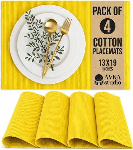 AVKA Studio Manteles Individuales Acanalados 100% Algodón - Juego de 4 - 13 x 19 Pulgadas - Amarillo - Manteles de Mesa de Tela de Construcción