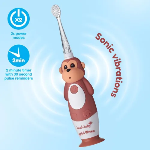 Miniatura 4 de BrushBaby WildOnes - Cepillo de dientes eléctrico recargable para niños, de 0 a 10 años - Diseño de mono con luces intermitentes - Cerdas DeepClean