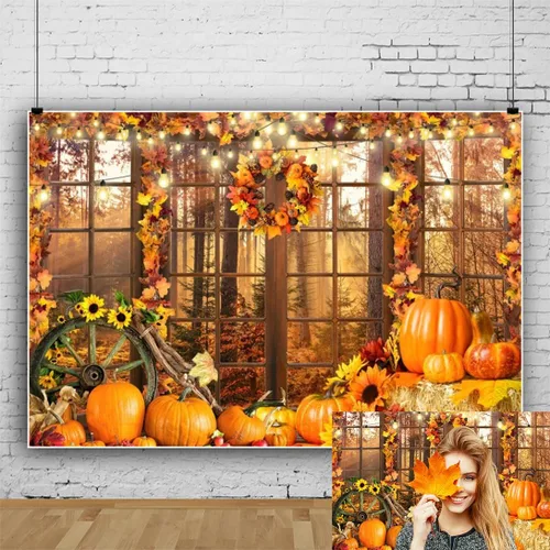 Fondo de fotos de ventana de otoño de 7 x 5 pies, paisaje de bosque de otoño, hojas de arce, cosecha de calabaza, fondo de fotografía, tema de