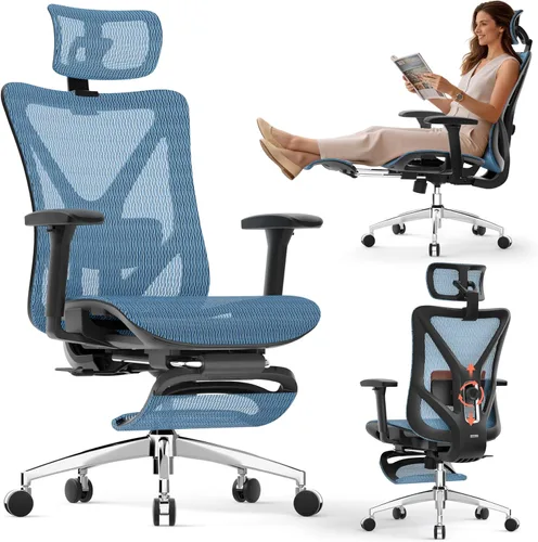 Miniatura 10 de GABRYLLY Silla de oficina ergonómica con reposapiés, silla de escritorio reclinable de 135° con soporte lumbar ajustable, reposabrazos 3D, Negro