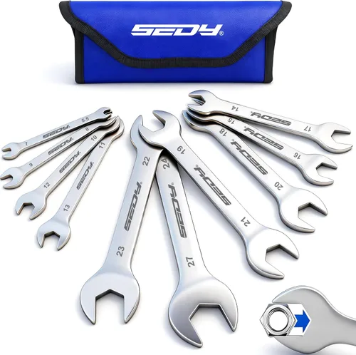 Miniatura 14 de SEDY Juego de 14 llaves para tuercas acampanadas con cinta PTFE, llave de línea de freno métrica y SAE con desfase de 1/4"-7/8" & 9-21mm, juego