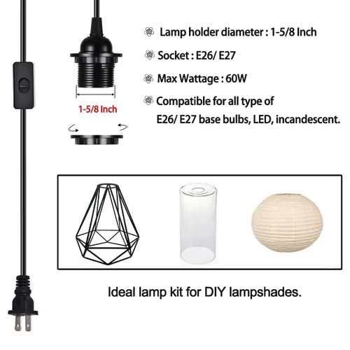 Miniatura 6 de HESSION Paquete de 2 luces colgantes enchufables de 15 pies, cable de extensión negro con interruptor de encendido/apagado en línea, enchufe E26 E27