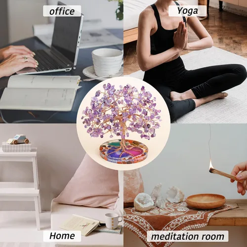 Miniatura 6 de ZenBless Árbol de 7 piedras curativas de chakra, hojas de amatista envueltas en alambre sobre base de rebanadas de ágata natural, decoración de Feng