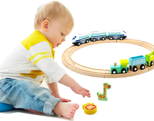 Miniatura 5 de Juego de trenes de madera con grúa, juguetes de tren magnético para pistas de tren de madera, conjuntos de trenes para niños de 3 años en adelante