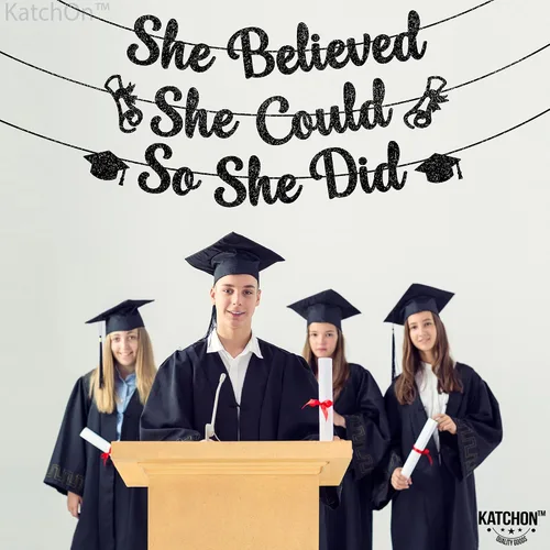Miniatura 5 de KatchOn, Cartel de She Believed She Could So She Did: purpurina de 10 pies, sin bricolaje Cartel de felicitación para decoración de fiesta