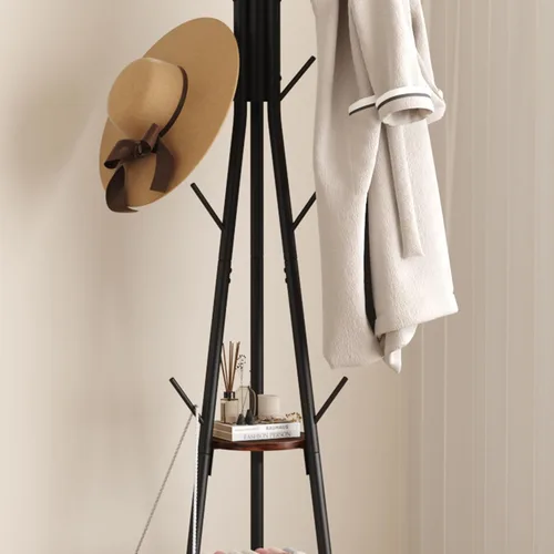 Miniatura 9 de HOMEFORT Perchero, perchero con 2 estantes, árbol de pasillo independiente, colgador de metal para sombreros con 12 ganchos para ropa, sombreros