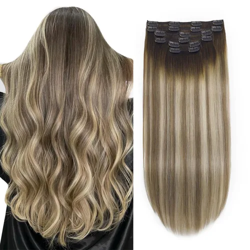 Miniatura 16 de XDhair Extensiones de cabello humano Remy con pinzas, color marrón medio #4, mezclado con rubio caramelo #27, 3.53 oz, 6