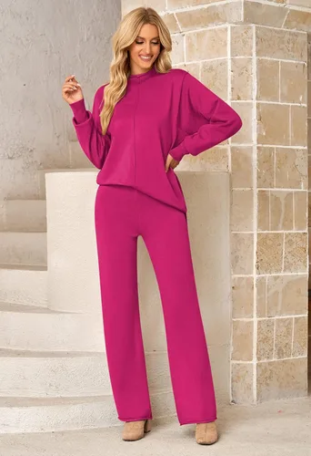 Miniatura 8 de Linsery Conjunto de suéter de 2 piezas para mujer, cuello alto, suéter de punto de pierna ancha, sudadera casual