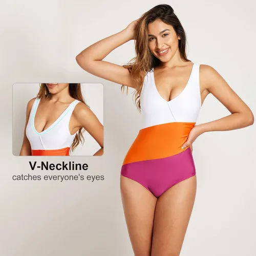 Miniatura 3 de BALEAF Traje de baño de una pieza con bloques de color para mujer, control de abdomen, espalda completa, cuello en V, modesto fruncido