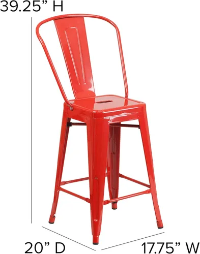 Miniatura 2 de Merrick Lane Taburete de altura de mostrador de la serie Dothan - Acabado rojo - Marco de metal con soporte cruzado - Práctico respaldo extraíble