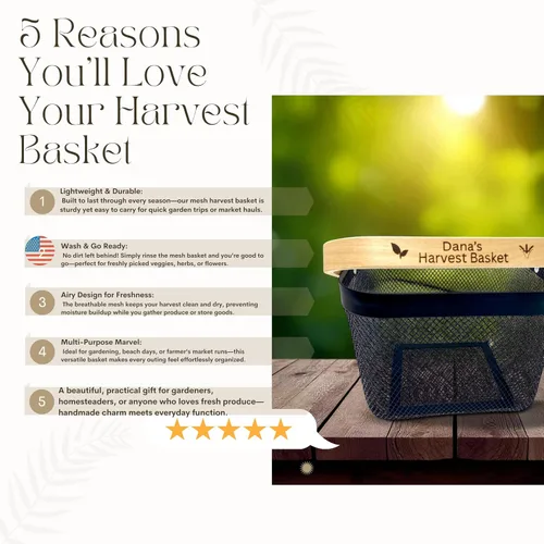 Miniatura 3 de Cesta de cosecha de malla personalizada con mango grabado personalizado, regalo para jardineros, cesta de cosecha vegetal, herramientas