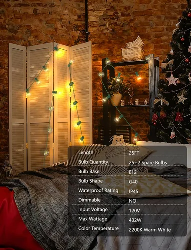 Miniatura 3 de SUNSGNE Luces Redondas de Navidad de 25 Pies, Luces de Cadena Globo G40 con 27 Bombillas Transparentes, Certificado UL para Exteriores Interiores