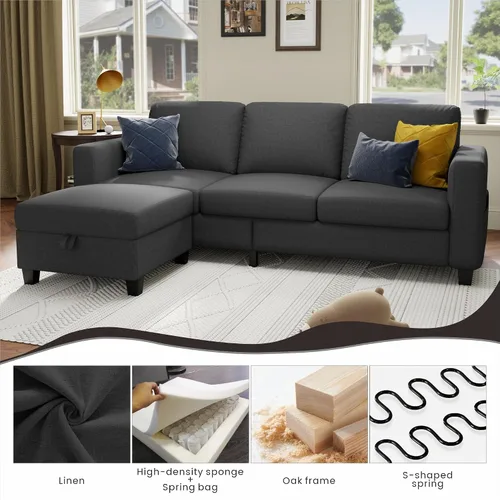 Miniatura 4 de Sofá seccional y sofás para sala de estar, sofá de lino gris oscuro en forma de L de 78 pulgadas, sofás convertibles modulares de 3 plazas aptos