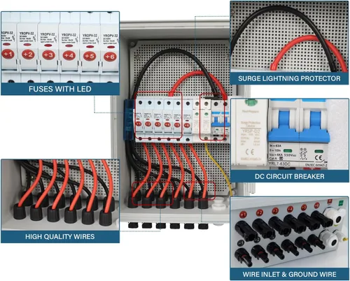 Miniatura 3 de Caja combinadora solar PV de 6 cuerdas con pararrayos, fusible de corriente nominal de 15 A y disyuntores de 2P 63 A para sistema de panel solar