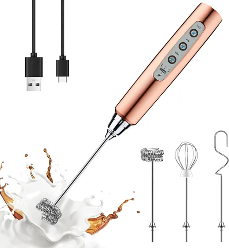 YUSWKO Batidor de Leche Manual Color Oro Rosa para Café, Batidor Eléctrico Recargable con 3 Cabezales 3 Velocidades Mezclador de Bebidas Espumador