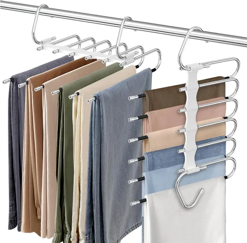 Miniatura 7 de Perchas para pantalones de 9 niveles que ahorran espacio, paquete de 2 organizadores multifuncionales de acero inoxidable para armario para Blanco