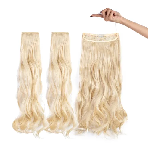 Miniatura 5 de Extensiones de cabello invisibles con halo mejorado con 3 piezas de diadema ajustable, largo, ondulado, extensiones de cabello rubio decolorado