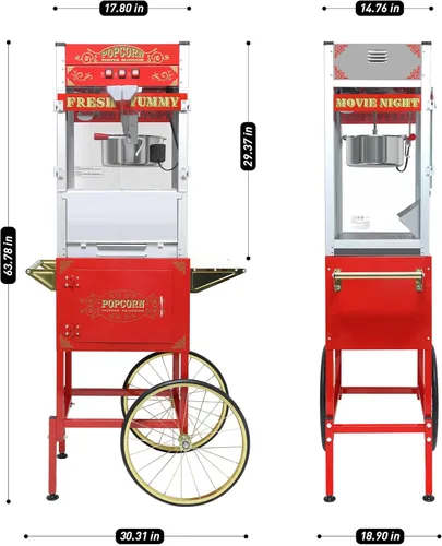 Miniatura 2 de Máquina de palomitas de maíz vintage con carrito, carrito de palomitas de maíz de 20 onzas, máquina de palomitas de maíz con gabinete de Rojo