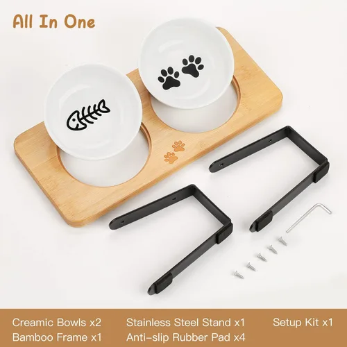 Miniatura 8 de Cuencos elevados de cerámica para gatos con inclinación de 10°, antivómitos y bigotes, cuencos para alimentos y agua con soporte de bambú