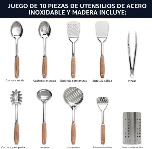 Miniatura 3 de Home Hero Juego de utensilios de cocina de acero inoxidable – Juego de utensilios de cocina de acero inoxidable antiadherente con mango de madera