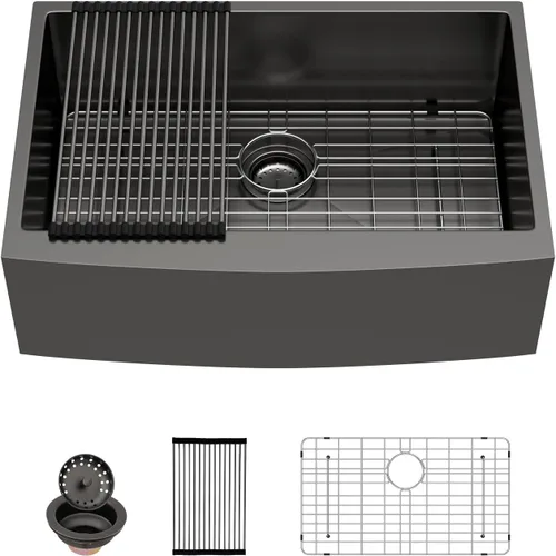 Miniatura 4 de Sarlai Fregadero negro de granja – Fregadero de cocina frontal con delantal de 30 pulgadas x 22 pulgadas, fregadero de cocina estilo casa de campo