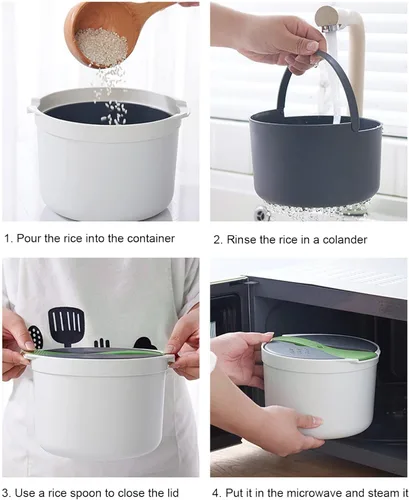 Miniatura 3 de Arrocera de microondas de 2 litros, utensilios de cocina para microondas con tapa y colador, olla de vapor de arroz para microondas PP de grado