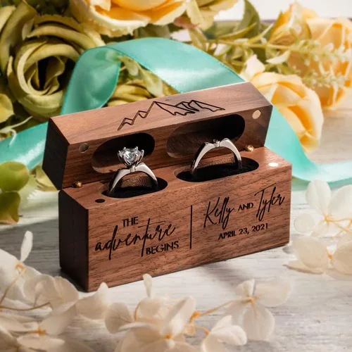 Miniatura 5 de Yonhi Joyeros de doble anillo con nombre personalizado, caja de anillo de madera personalizada, propuesta, compromiso, ceremonia de boda, caja
