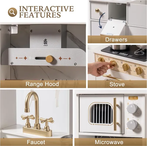 Miniatura 6 de ROBUD Juego de cocina de madera para niños, cocina de juguete de simulación con máquina de hielo, máquina de café, horno, microondas, gabinete